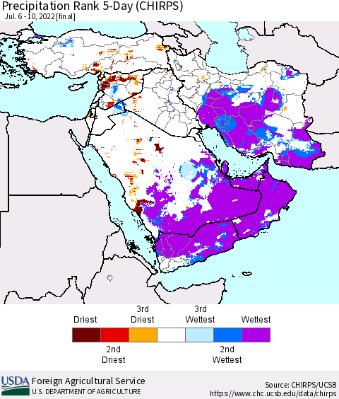 Middle East and Turkey Precipitation Rank since 1981, 5-Day (CHIRPS) Thematic Map For 7/6/2022 - 7/10/2022