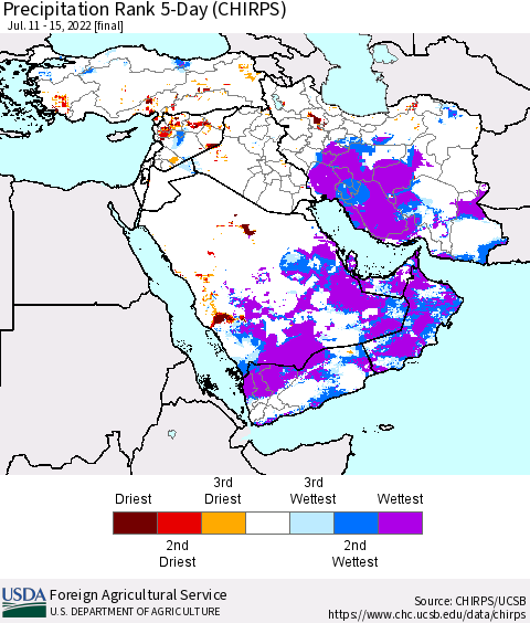 Middle East and Turkey Precipitation Rank since 1981, 5-Day (CHIRPS) Thematic Map For 7/11/2022 - 7/15/2022