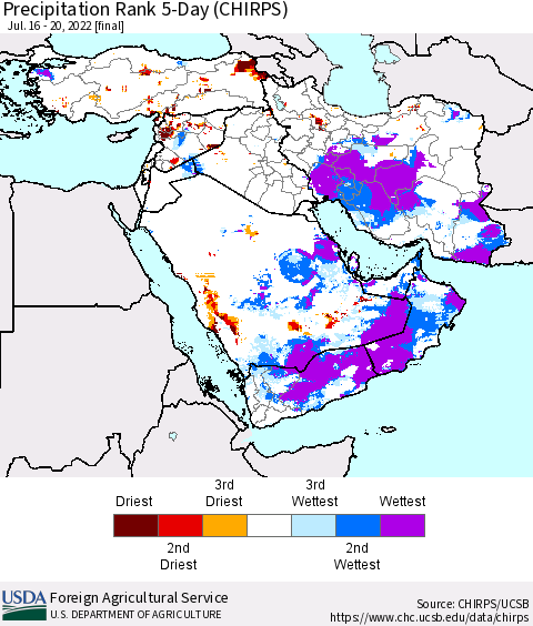 Middle East and Turkey Precipitation Rank since 1981, 5-Day (CHIRPS) Thematic Map For 7/16/2022 - 7/20/2022
