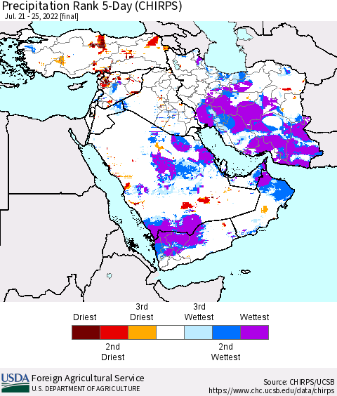 Middle East and Turkey Precipitation Rank since 1981, 5-Day (CHIRPS) Thematic Map For 7/21/2022 - 7/25/2022