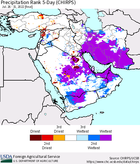 Middle East and Turkey Precipitation Rank since 1981, 5-Day (CHIRPS) Thematic Map For 7/26/2022 - 7/31/2022