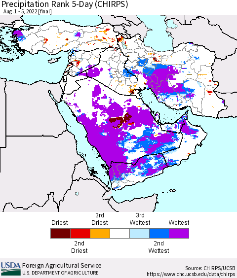 Middle East and Turkey Precipitation Rank since 1981, 5-Day (CHIRPS) Thematic Map For 8/1/2022 - 8/5/2022