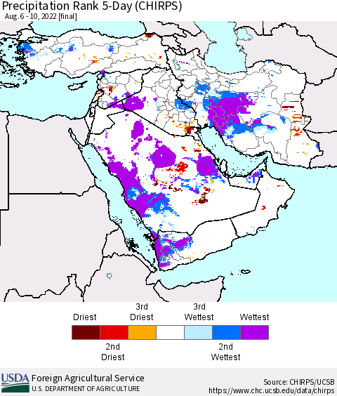 Middle East and Turkey Precipitation Rank since 1981, 5-Day (CHIRPS) Thematic Map For 8/6/2022 - 8/10/2022