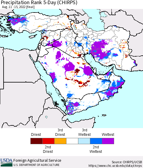 Middle East and Turkey Precipitation Rank since 1981, 5-Day (CHIRPS) Thematic Map For 8/11/2022 - 8/15/2022