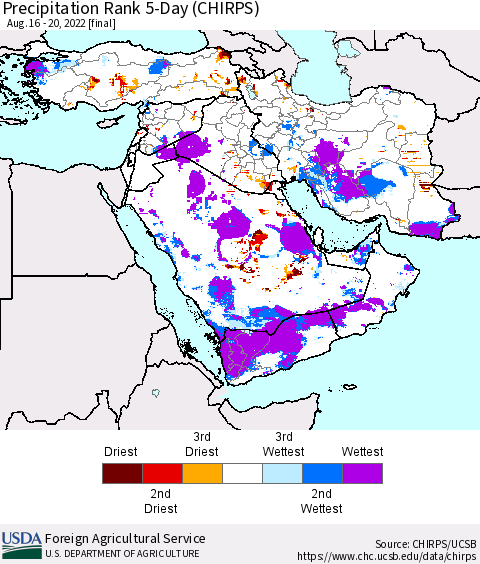 Middle East and Turkey Precipitation Rank since 1981, 5-Day (CHIRPS) Thematic Map For 8/16/2022 - 8/20/2022