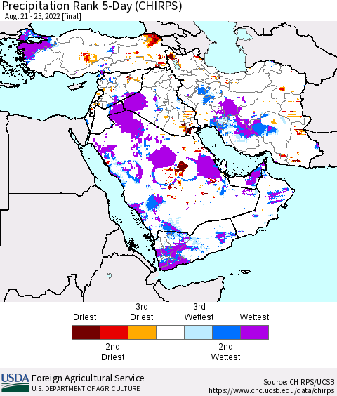 Middle East and Turkey Precipitation Rank since 1981, 5-Day (CHIRPS) Thematic Map For 8/21/2022 - 8/25/2022