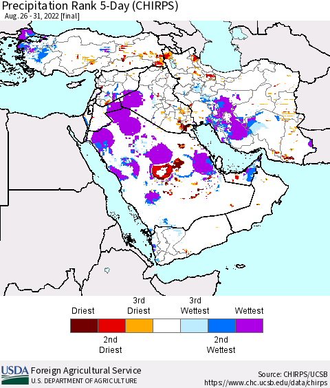 Middle East and Turkey Precipitation Rank since 1981, 5-Day (CHIRPS) Thematic Map For 8/26/2022 - 8/31/2022