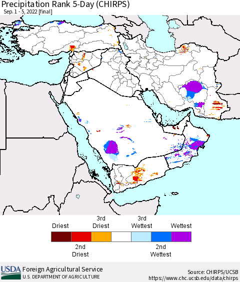 Middle East and Turkey Precipitation Rank since 1981, 5-Day (CHIRPS) Thematic Map For 9/1/2022 - 9/5/2022