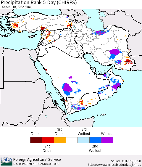 Middle East and Turkey Precipitation Rank since 1981, 5-Day (CHIRPS) Thematic Map For 9/6/2022 - 9/10/2022