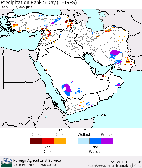 Middle East and Turkey Precipitation Rank since 1981, 5-Day (CHIRPS) Thematic Map For 9/11/2022 - 9/15/2022