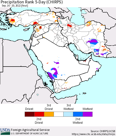 Middle East and Turkey Precipitation Rank since 1981, 5-Day (CHIRPS) Thematic Map For 9/16/2022 - 9/20/2022