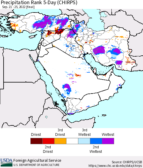 Middle East and Turkey Precipitation Rank since 1981, 5-Day (CHIRPS) Thematic Map For 9/21/2022 - 9/25/2022