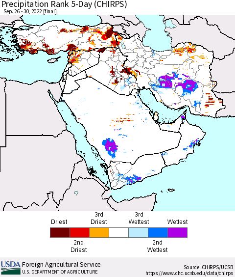 Middle East and Turkey Precipitation Rank since 1981, 5-Day (CHIRPS) Thematic Map For 9/26/2022 - 9/30/2022