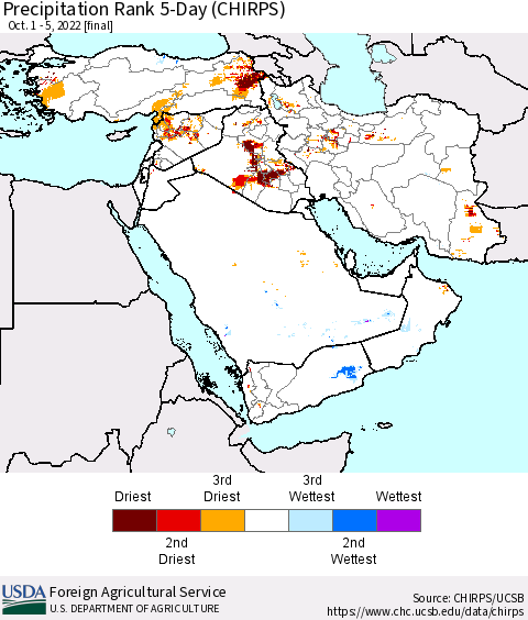 Middle East and Turkey Precipitation Rank since 1981, 5-Day (CHIRPS) Thematic Map For 10/1/2022 - 10/5/2022
