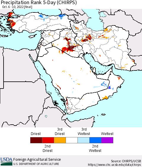 Middle East and Turkey Precipitation Rank since 1981, 5-Day (CHIRPS) Thematic Map For 10/6/2022 - 10/10/2022