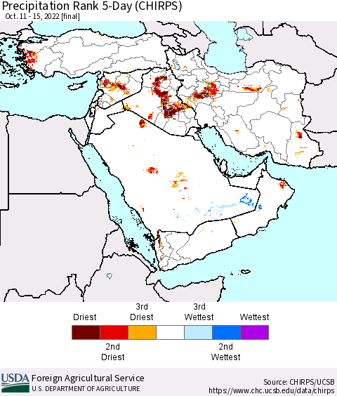 Middle East and Turkey Precipitation Rank since 1981, 5-Day (CHIRPS) Thematic Map For 10/11/2022 - 10/15/2022
