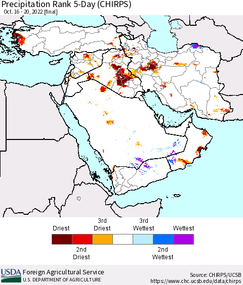 Middle East and Turkey Precipitation Rank since 1981, 5-Day (CHIRPS) Thematic Map For 10/16/2022 - 10/20/2022