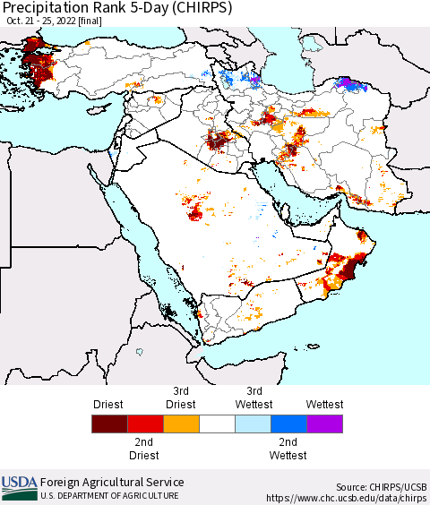 Middle East and Turkey Precipitation Rank since 1981, 5-Day (CHIRPS) Thematic Map For 10/21/2022 - 10/25/2022