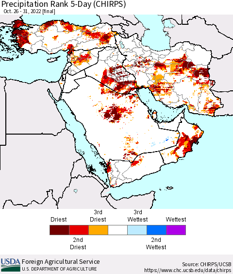 Middle East and Turkey Precipitation Rank since 1981, 5-Day (CHIRPS) Thematic Map For 10/26/2022 - 10/31/2022