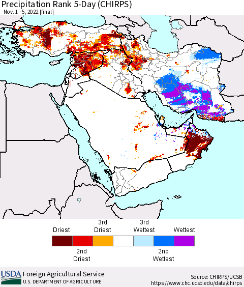 Middle East and Turkey Precipitation Rank since 1981, 5-Day (CHIRPS) Thematic Map For 11/1/2022 - 11/5/2022