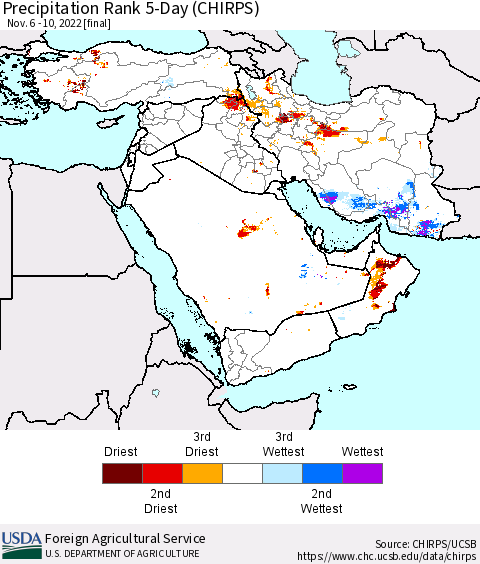 Middle East and Turkey Precipitation Rank since 1981, 5-Day (CHIRPS) Thematic Map For 11/6/2022 - 11/10/2022