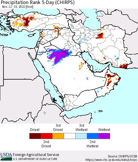 Middle East and Turkey Precipitation Rank since 1981, 5-Day (CHIRPS) Thematic Map For 11/11/2022 - 11/15/2022