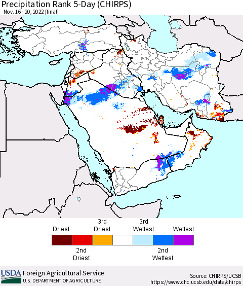Middle East and Turkey Precipitation Rank since 1981, 5-Day (CHIRPS) Thematic Map For 11/16/2022 - 11/20/2022