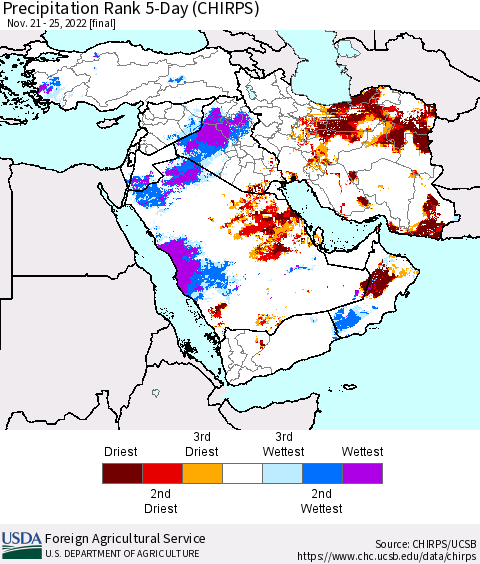 Middle East and Turkey Precipitation Rank since 1981, 5-Day (CHIRPS) Thematic Map For 11/21/2022 - 11/25/2022