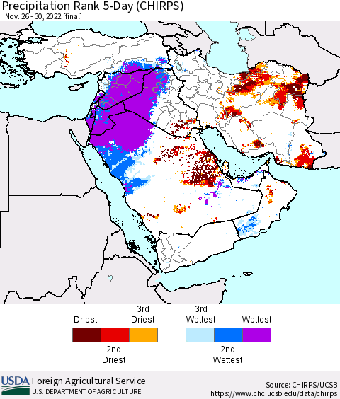 Middle East and Turkey Precipitation Rank since 1981, 5-Day (CHIRPS) Thematic Map For 11/26/2022 - 11/30/2022