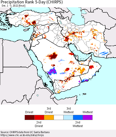 Middle East and Turkey Precipitation Rank since 1981, 5-Day (CHIRPS) Thematic Map For 12/1/2022 - 12/5/2022