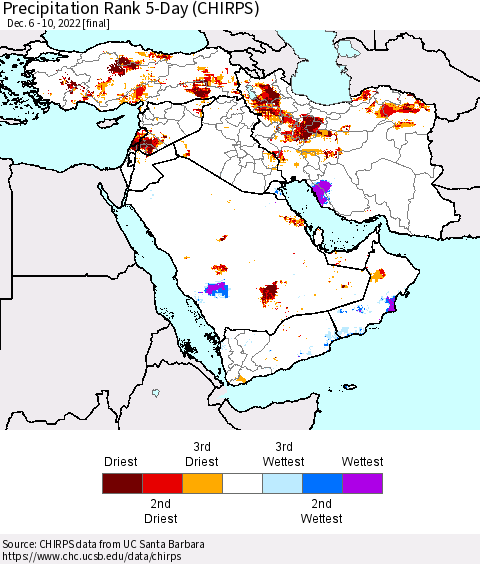 Middle East and Turkey Precipitation Rank since 1981, 5-Day (CHIRPS) Thematic Map For 12/6/2022 - 12/10/2022