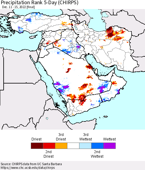 Middle East and Turkey Precipitation Rank since 1981, 5-Day (CHIRPS) Thematic Map For 12/11/2022 - 12/15/2022