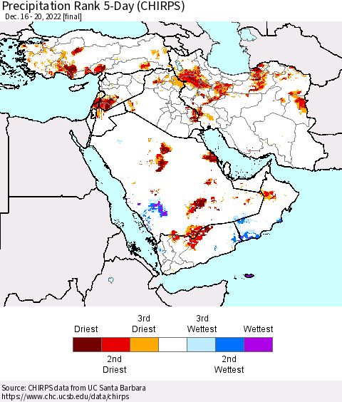 Middle East and Turkey Precipitation Rank since 1981, 5-Day (CHIRPS) Thematic Map For 12/16/2022 - 12/20/2022