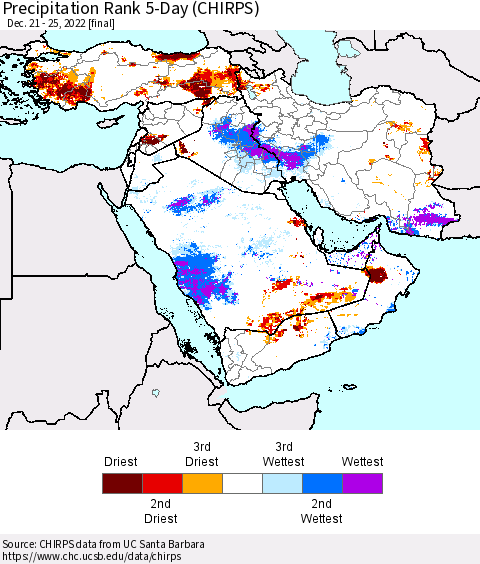 Middle East and Turkey Precipitation Rank since 1981, 5-Day (CHIRPS) Thematic Map For 12/21/2022 - 12/25/2022