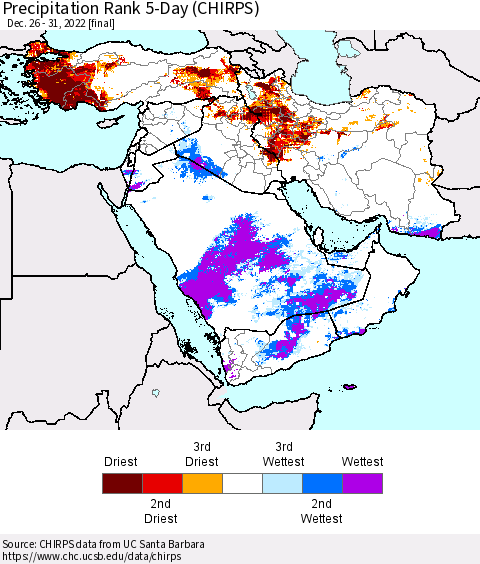 Middle East and Turkey Precipitation Rank since 1981, 5-Day (CHIRPS) Thematic Map For 12/26/2022 - 12/31/2022