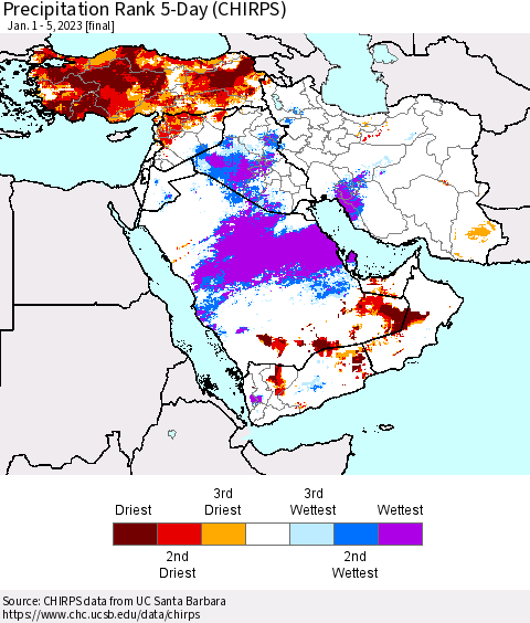 Middle East and Turkey Precipitation Rank since 1981, 5-Day (CHIRPS) Thematic Map For 1/1/2023 - 1/5/2023