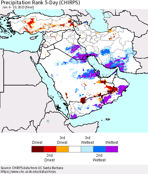 Middle East and Turkey Precipitation Rank since 1981, 5-Day (CHIRPS) Thematic Map For 1/6/2023 - 1/10/2023