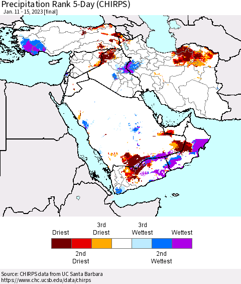 Middle East and Turkey Precipitation Rank since 1981, 5-Day (CHIRPS) Thematic Map For 1/11/2023 - 1/15/2023