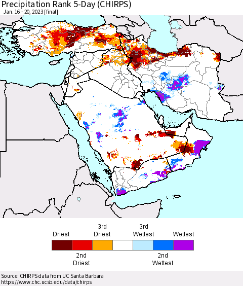 Middle East and Turkey Precipitation Rank since 1981, 5-Day (CHIRPS) Thematic Map For 1/16/2023 - 1/20/2023