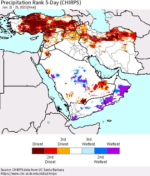 Middle East and Turkey Precipitation Rank since 1981, 5-Day (CHIRPS) Thematic Map For 1/21/2023 - 1/25/2023