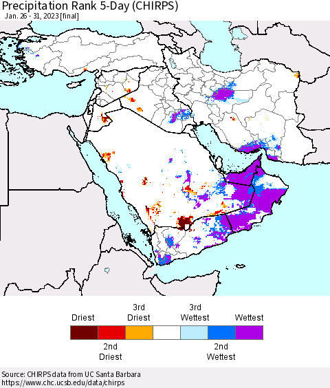 Middle East and Turkey Precipitation Rank since 1981, 5-Day (CHIRPS) Thematic Map For 1/26/2023 - 1/31/2023