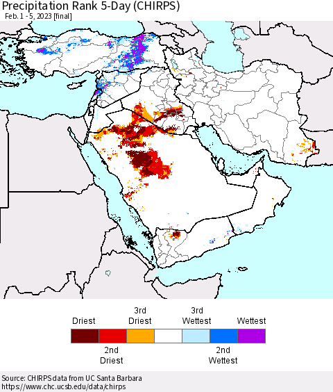 Middle East and Turkey Precipitation Rank since 1981, 5-Day (CHIRPS) Thematic Map For 2/1/2023 - 2/5/2023
