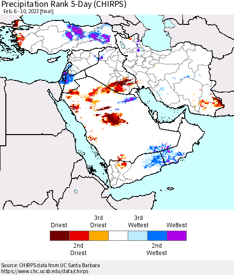 Middle East and Turkey Precipitation Rank since 1981, 5-Day (CHIRPS) Thematic Map For 2/6/2023 - 2/10/2023