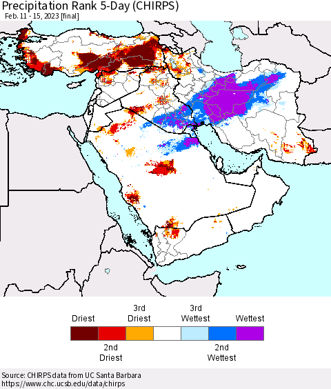 Middle East and Turkey Precipitation Rank since 1981, 5-Day (CHIRPS) Thematic Map For 2/11/2023 - 2/15/2023