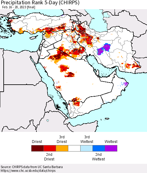 Middle East and Turkey Precipitation Rank since 1981, 5-Day (CHIRPS) Thematic Map For 2/16/2023 - 2/20/2023