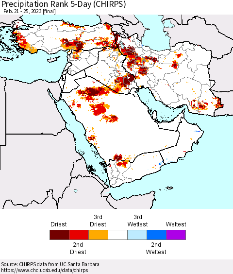 Middle East and Turkey Precipitation Rank since 1981, 5-Day (CHIRPS) Thematic Map For 2/21/2023 - 2/25/2023