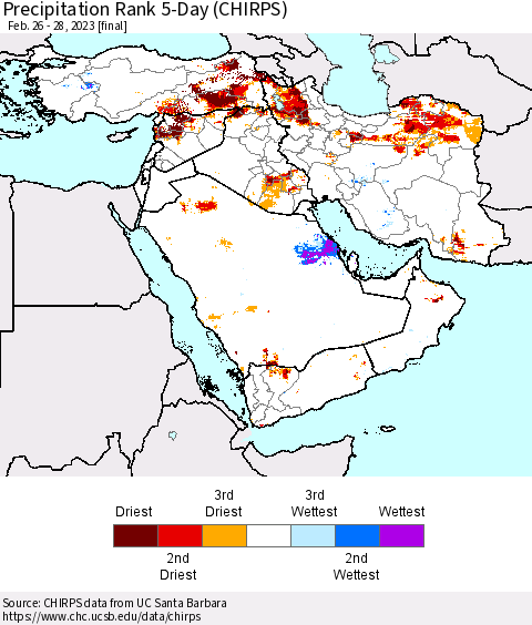 Middle East and Turkey Precipitation Rank since 1981, 5-Day (CHIRPS) Thematic Map For 2/26/2023 - 2/28/2023