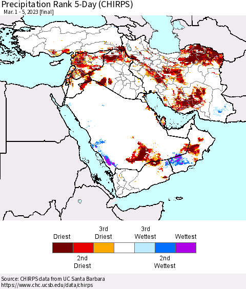 Middle East and Turkey Precipitation Rank since 1981, 5-Day (CHIRPS) Thematic Map For 3/1/2023 - 3/5/2023