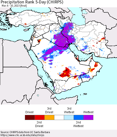 Middle East and Turkey Precipitation Rank since 1981, 5-Day (CHIRPS) Thematic Map For 3/6/2023 - 3/10/2023