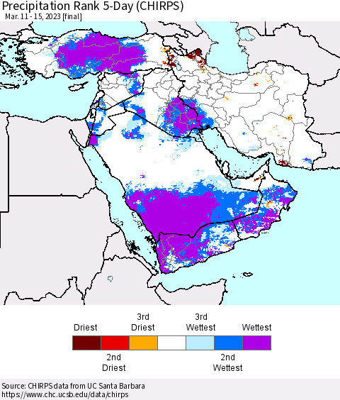 Middle East and Turkey Precipitation Rank since 1981, 5-Day (CHIRPS) Thematic Map For 3/11/2023 - 3/15/2023